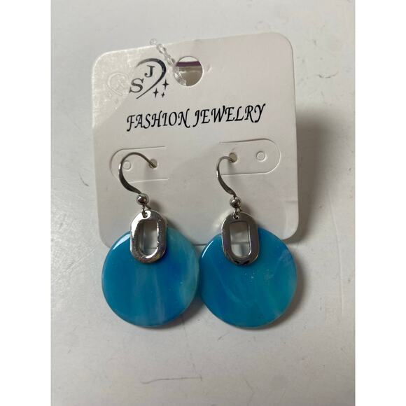 90s Bright Blue & Silver Tone Drop Earrings - Picture 1 of 3